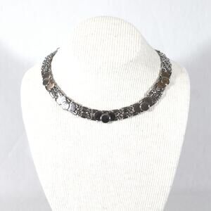 Silver Tone Choker Necklace Scroll Chain Links Three Coin Overlay Pattern